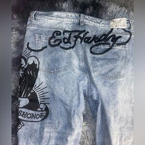 Ed Hardy Death Before Dishonor Logo Blue Distressed Jeans Y2K Size 40